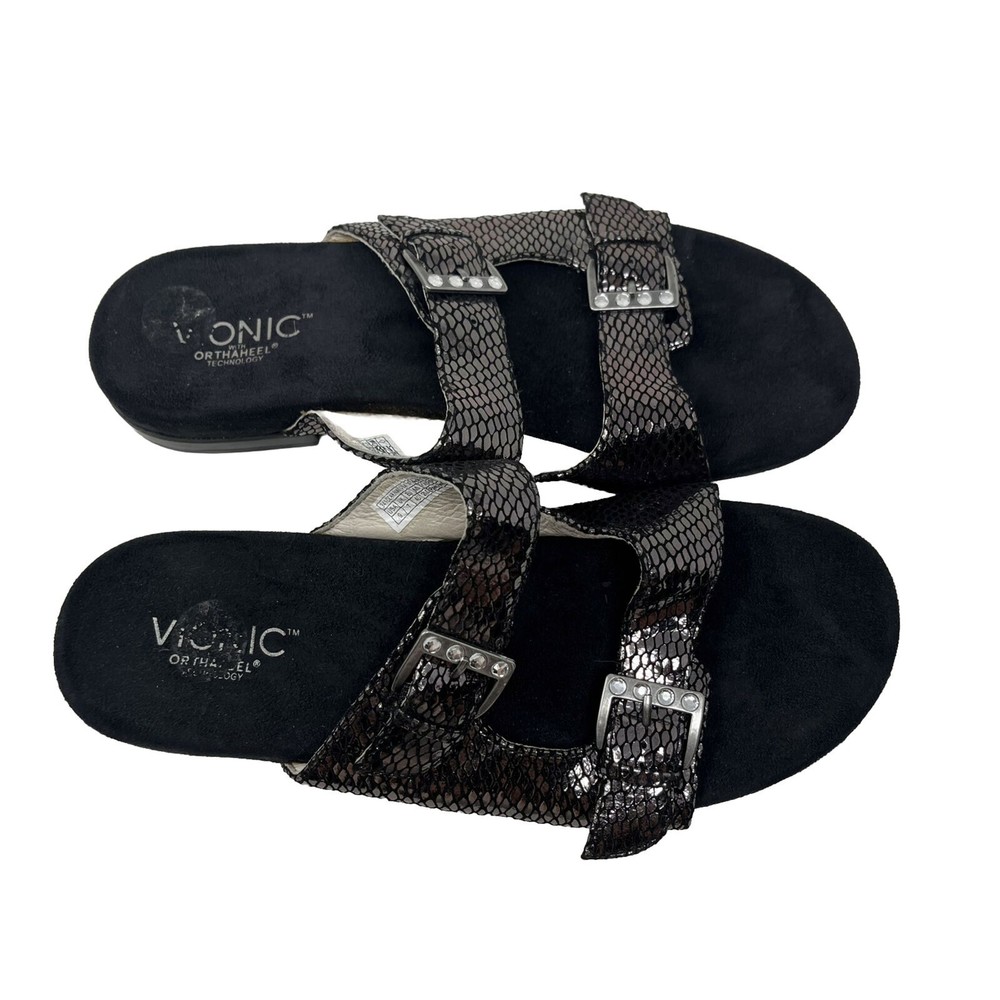 Vionic Zarina Leather Slip-on Sandals Flats Double Strap Size 9 Metallic